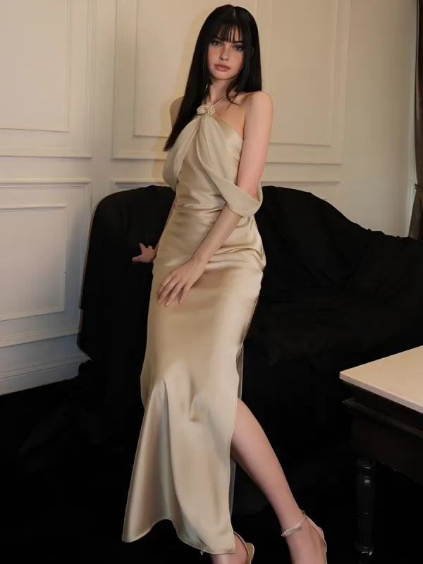 Halter Plain Split Tie Back Long Dress sold by COMMENSE