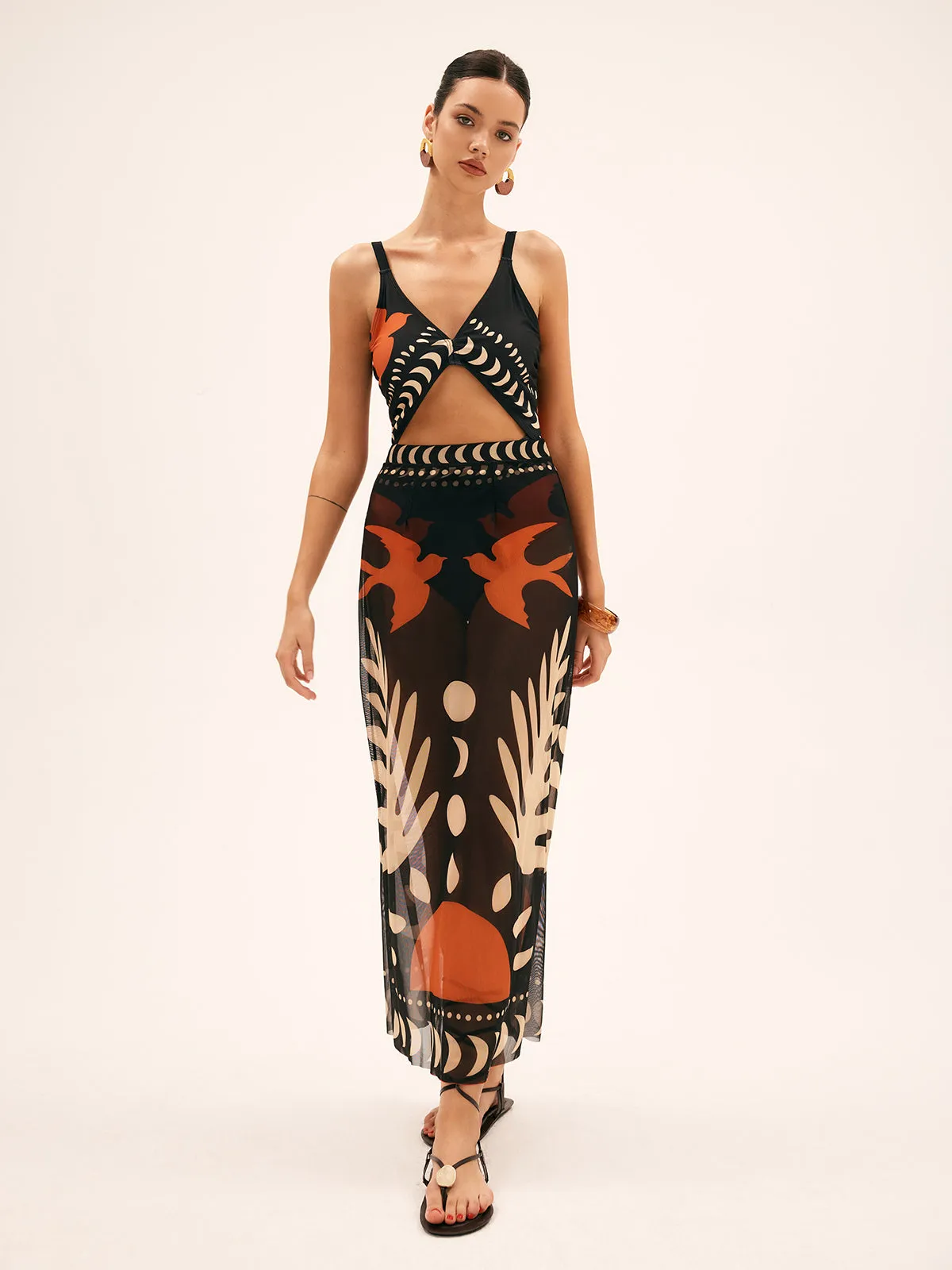 Bird Print Mesh Cover Up Maxi Skirt sold by COMMENSE product image thumbnail 3