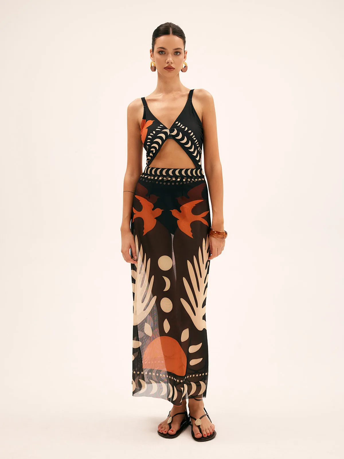 Bird Print Mesh Cover Up Maxi Skirt sold by COMMENSE product image thumbnail 2