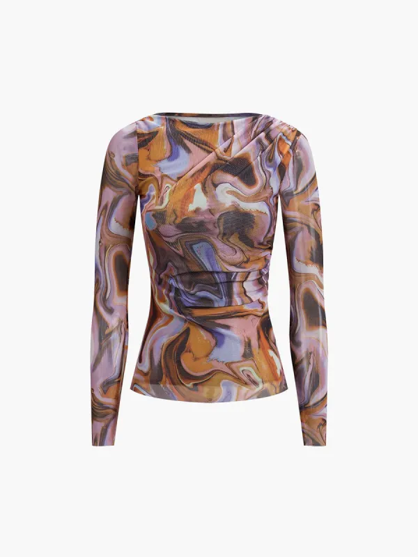 Asymmetrical Neck Watermarble Mesh Ruched Shirt made by COMMENSE