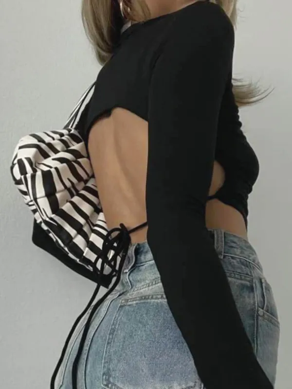 Open Back Long Sleeve Crop Shirt sold by COMMENSE