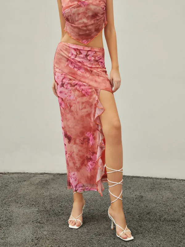 Ruffle Trim Floral Print Maxi Skirt sold by COMMENSE