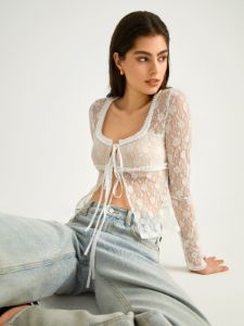 Floral Lace Cover Up Fly Away Long Sleeve Top sold by COMMENSE