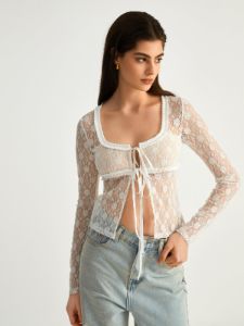 Floral Lace Cover Up Fly Away Long Sleeve Top sold by COMMENSE