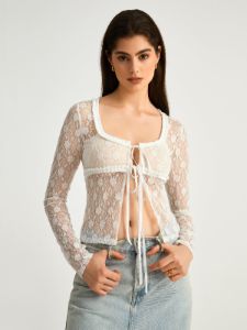 Floral Lace Cover Up Fly Away Long Sleeve Top sold by COMMENSE
