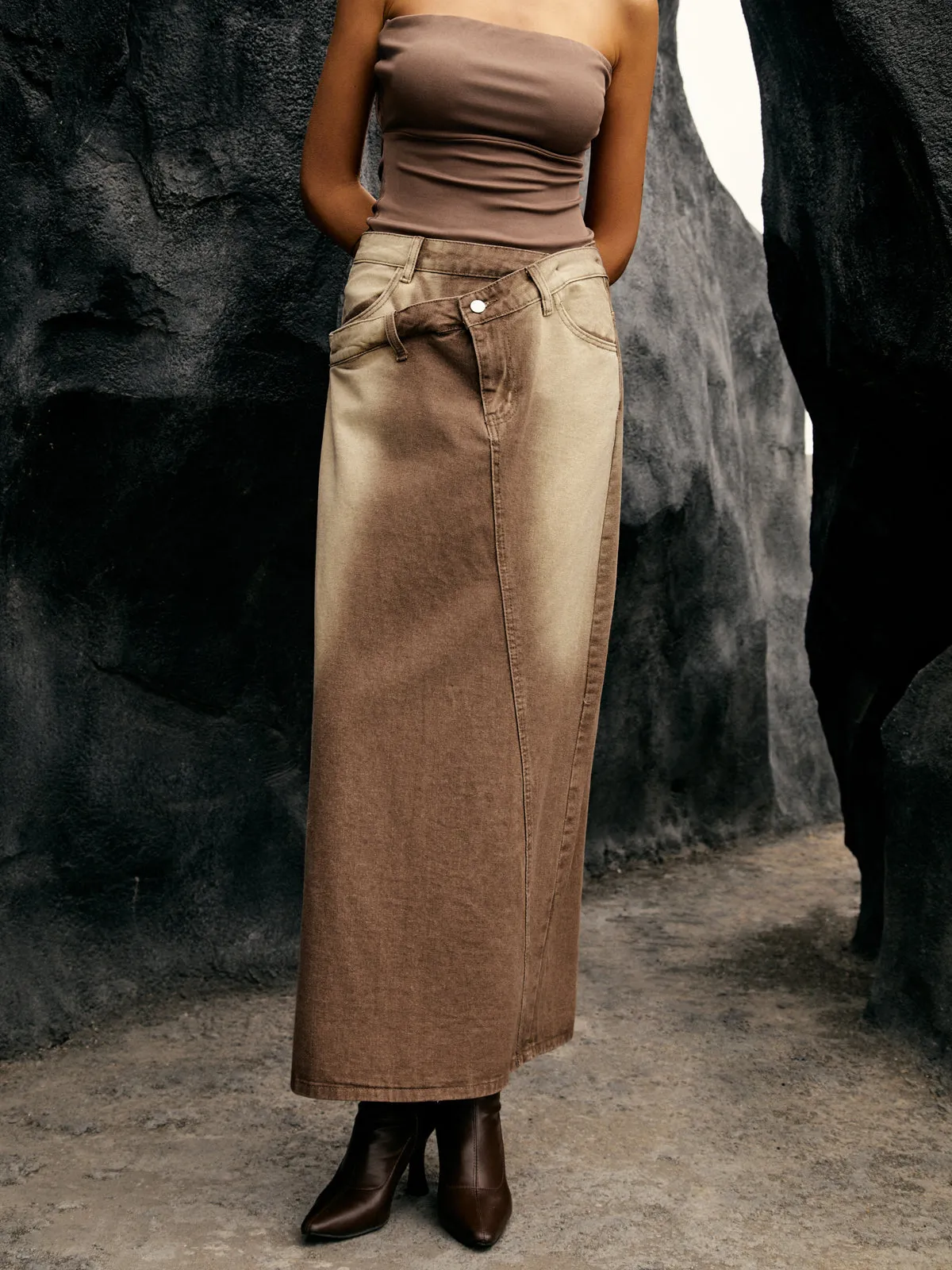 Washed Asymmetric Denim Maxi Skirt sold by COMMENSE product image thumbnail 3