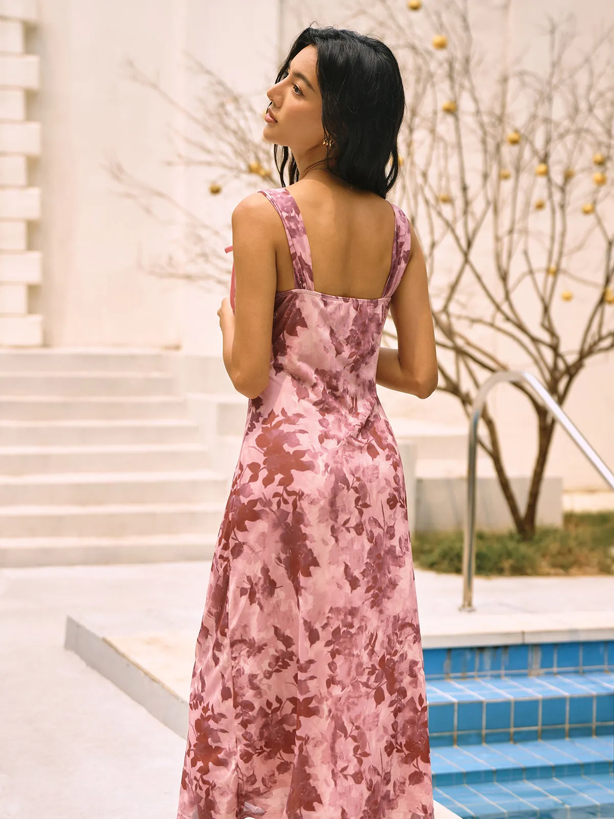 Floral Print Bow Decor Cami Midi Dress sold by COMMENSE product image thumbnail 4