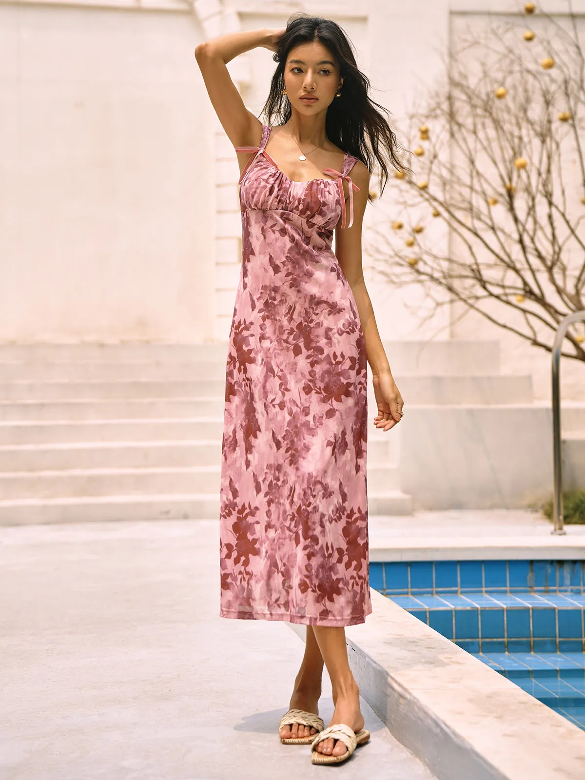 Floral Print Bow Decor Cami Midi Dress sold by COMMENSE