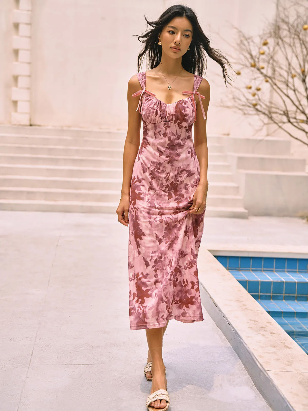 Floral Print Bow Decor Cami Midi Dress sold by COMMENSE product image thumbnail 2