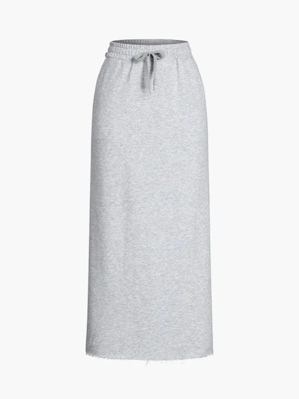 Pockets Raw Hem Drawstring Maxi Sweatshirt Skirt made by COMMENSE