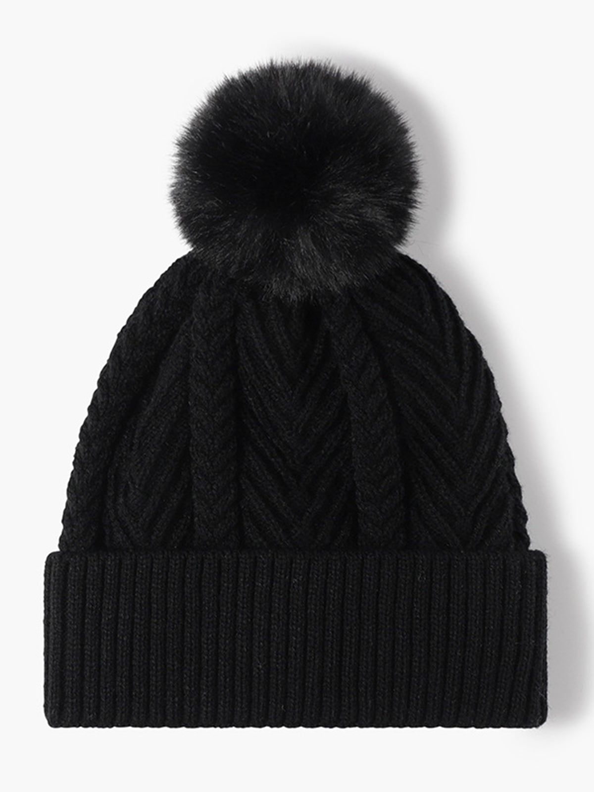 Cable Knit Faux Fur Pom Beanie sold by COMMENSE