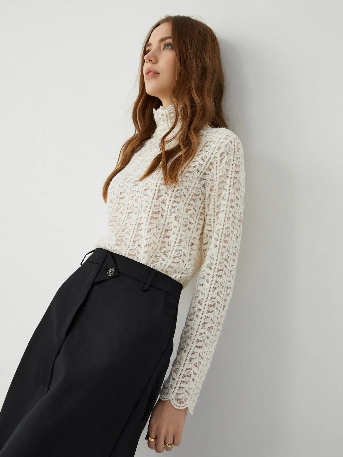 Lace Floral Pattern Mockneck Top sold by COMMENSE