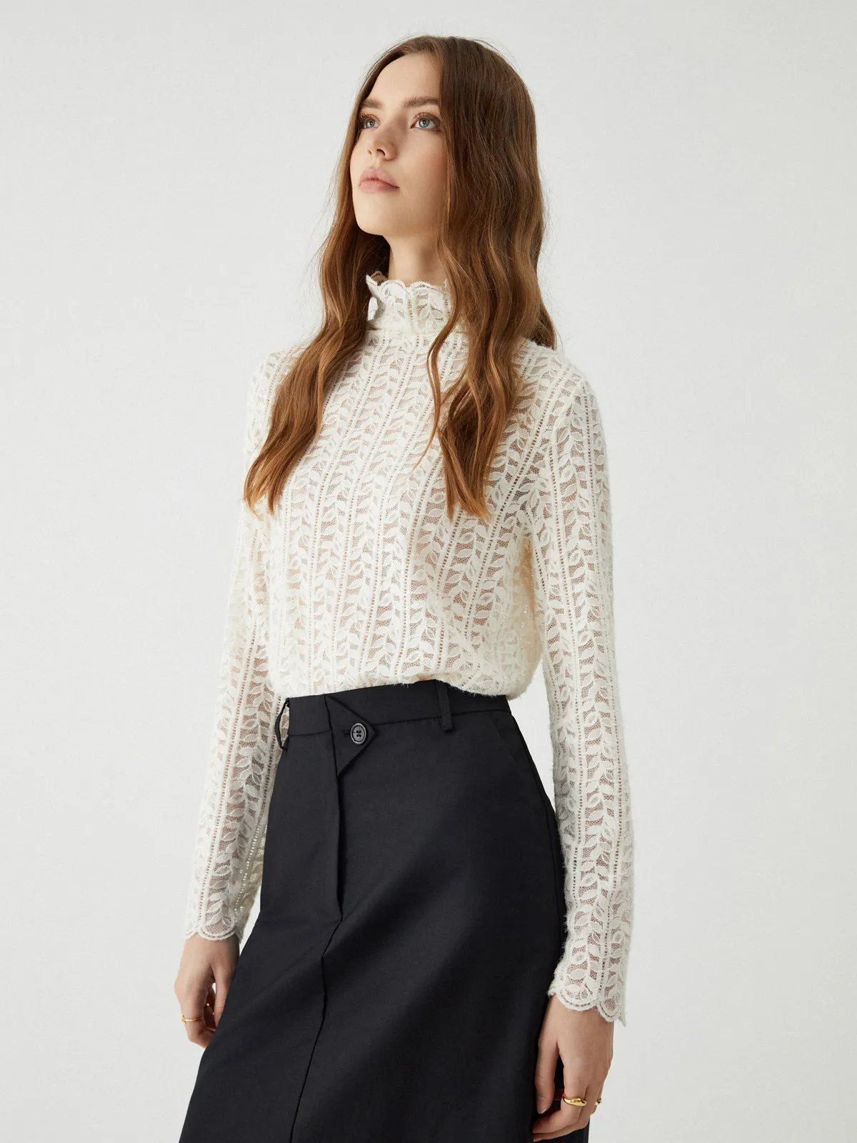 Lace Floral Pattern Mockneck Top sold by COMMENSE product image thumbnail 2