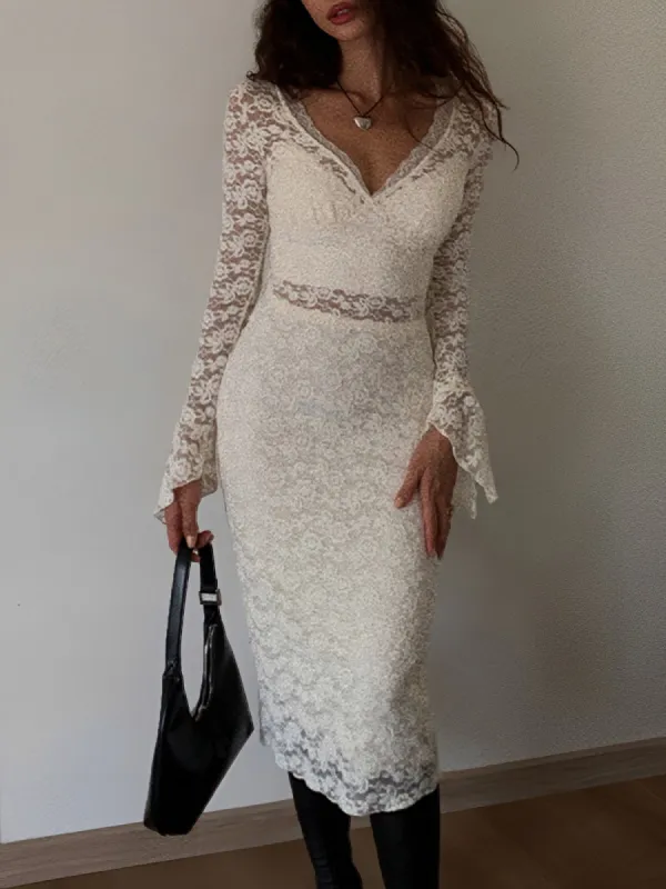 Floral Lace Long Sleeve Plunge Midi Dress sold by COMMENSE