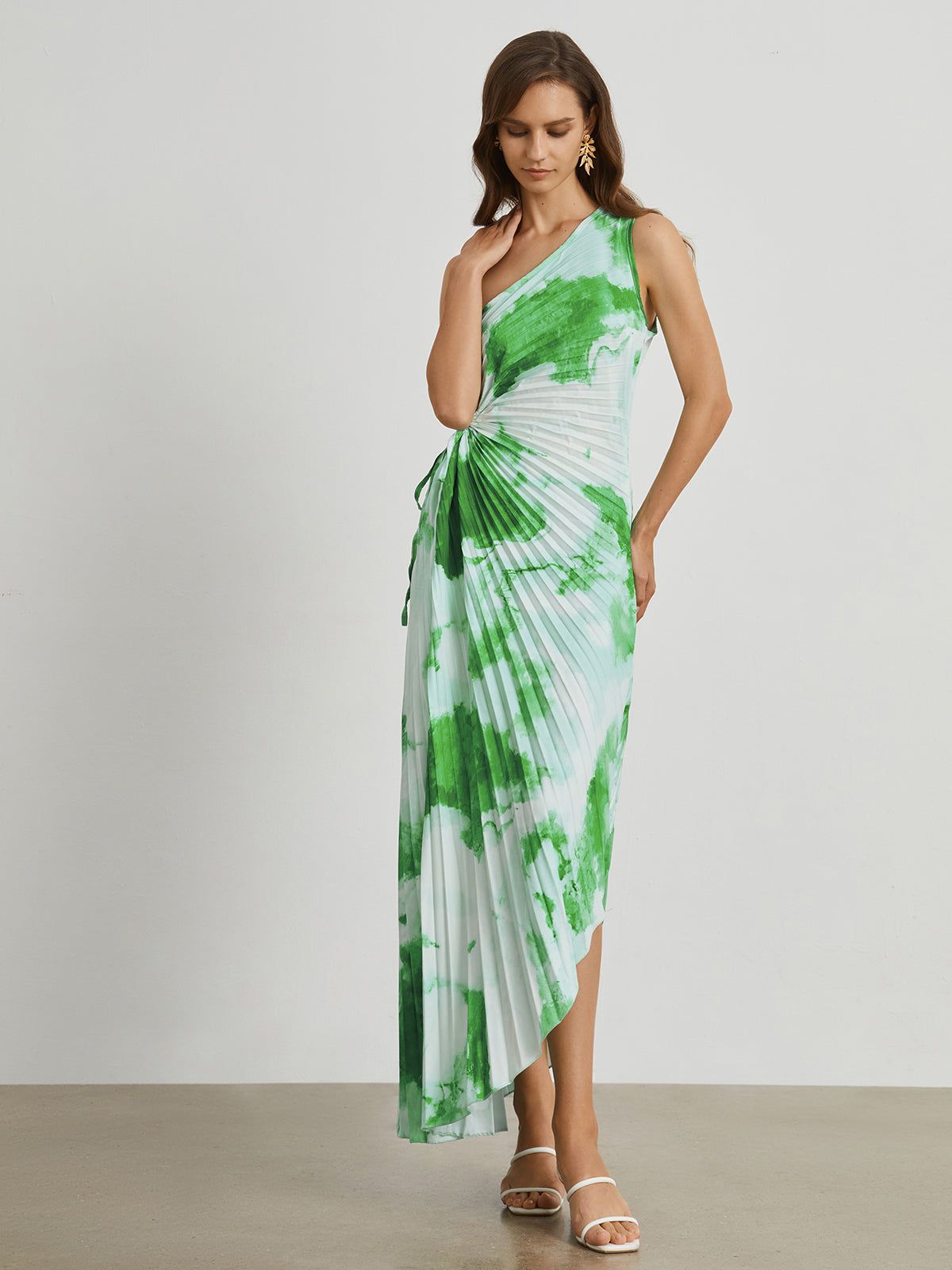 Tie Dye Pleated Cutout Long Dress sold by COMMENSE