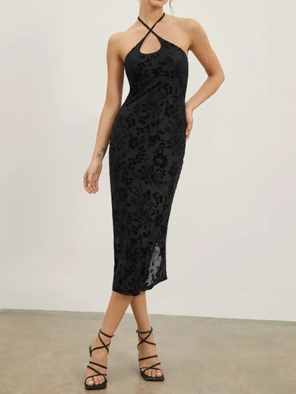 Dark Mesh Floral Halter Open Back Slit Long Dress sold by COMMENSE