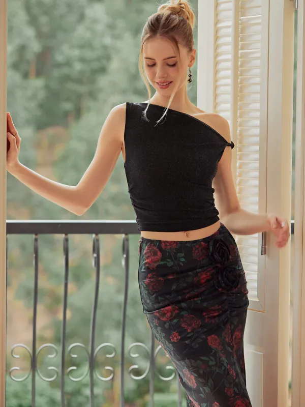 Solid Asymmetrical Neck Crop Top sold by COMMENSE