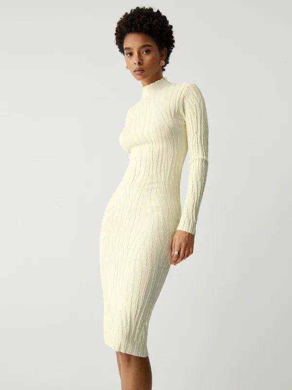 Cream Mockneck Long Sleeve Midi Sweater Dress sold by COMMENSE