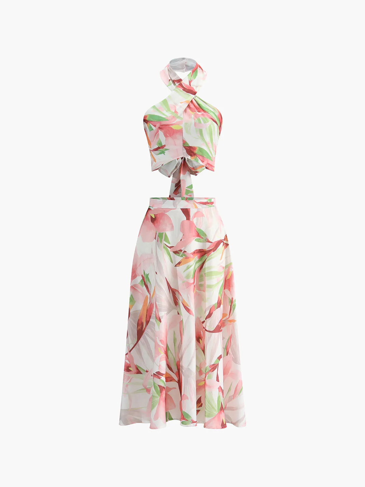 Floral Print Tie-Neck Skirt Set sold by COMMENSE