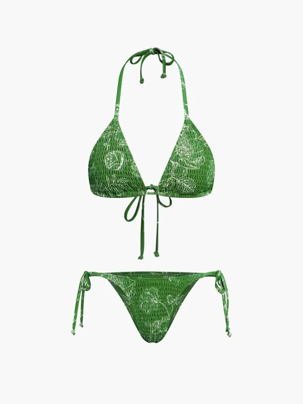 Green Floral Halter Tie Back Two Piece Bikini Bathing Suit sold by COMMENSE
