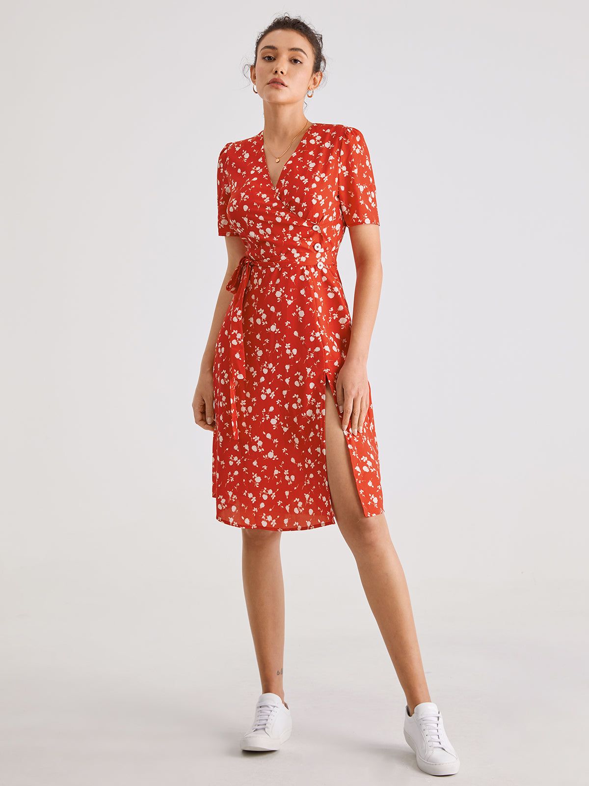 Short Sleeve Light Floral Contrast Midi Slit Dress sold by COMMENSE product image thumbnail 4