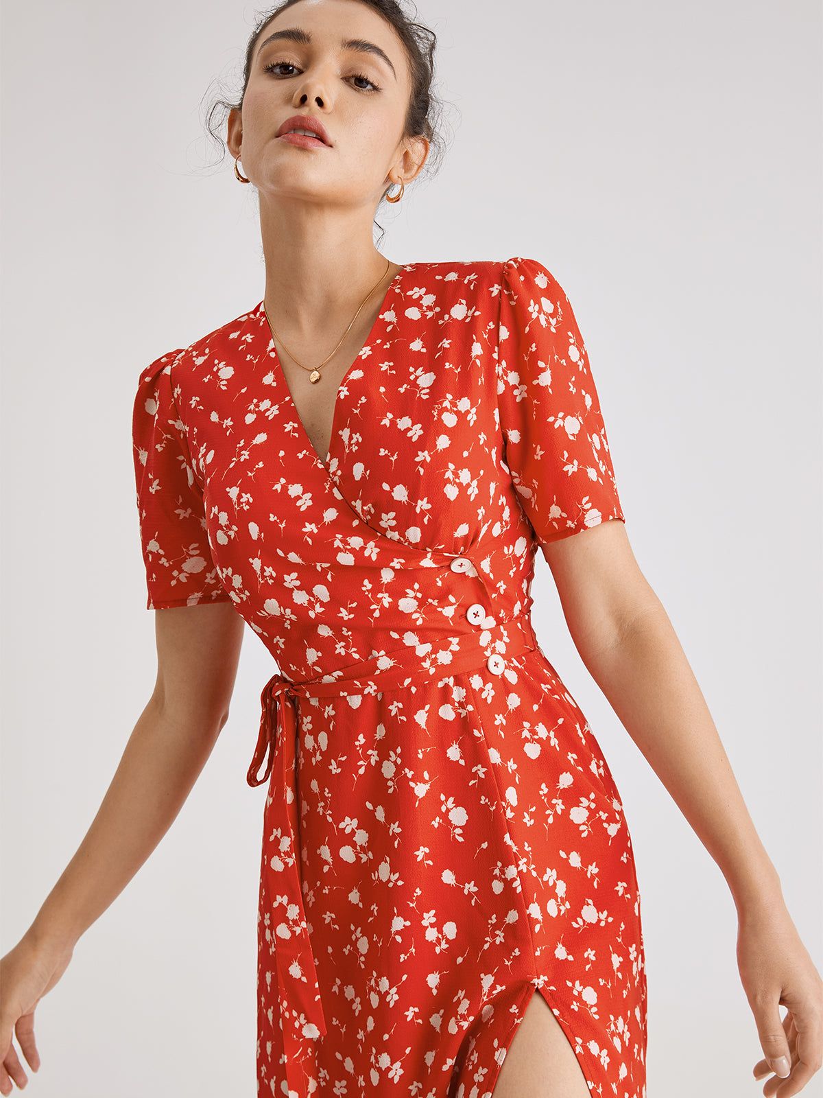 Short Sleeve Light Floral Contrast Midi Slit Dress sold by COMMENSE