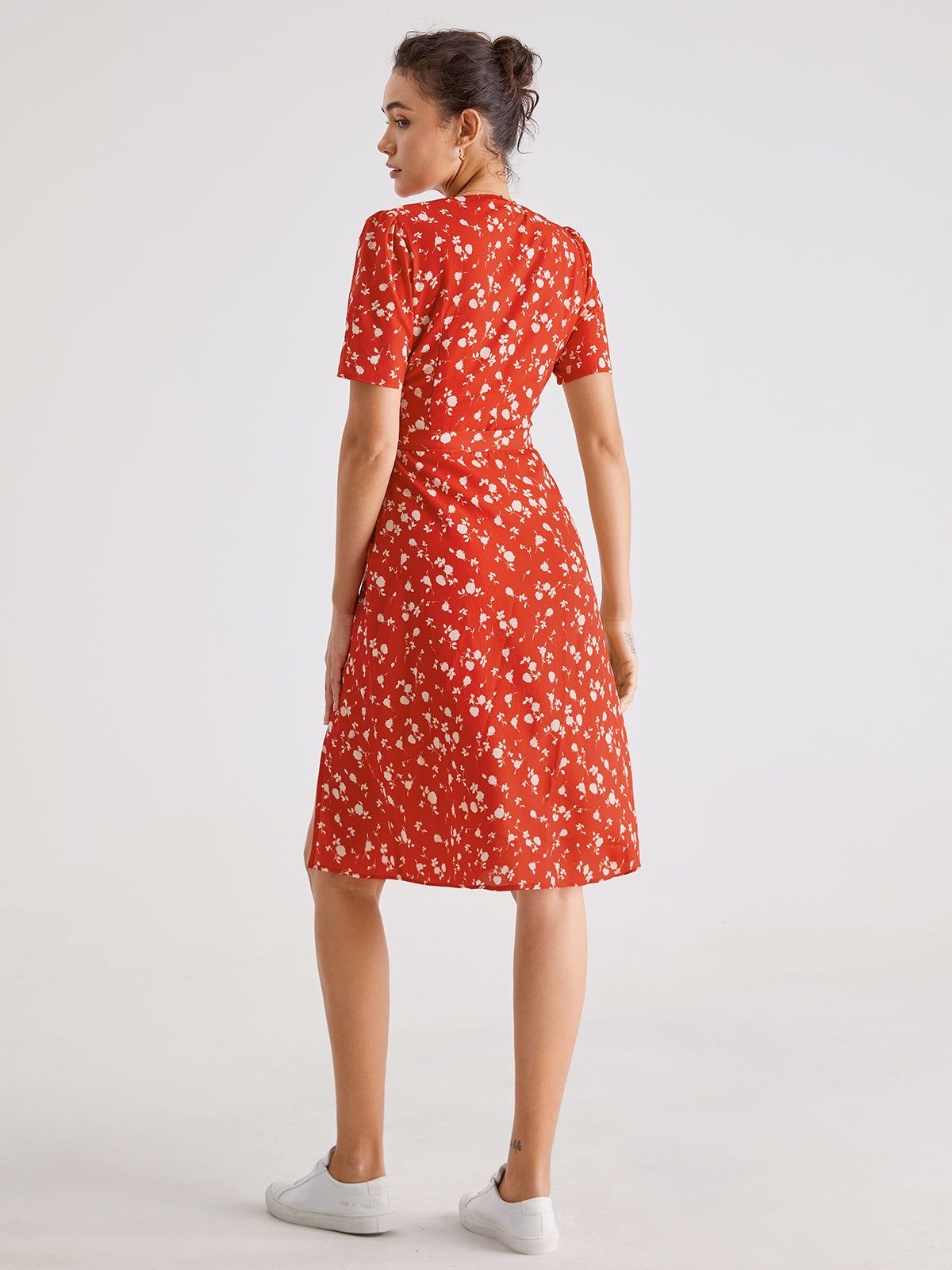 Short Sleeve Light Floral Contrast Midi Slit Dress sold by COMMENSE product image thumbnail 5