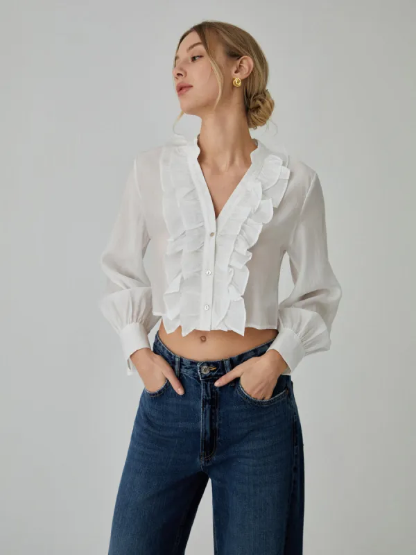 Ruffle Bishop Sleeve Blouse sold by COMMENSE