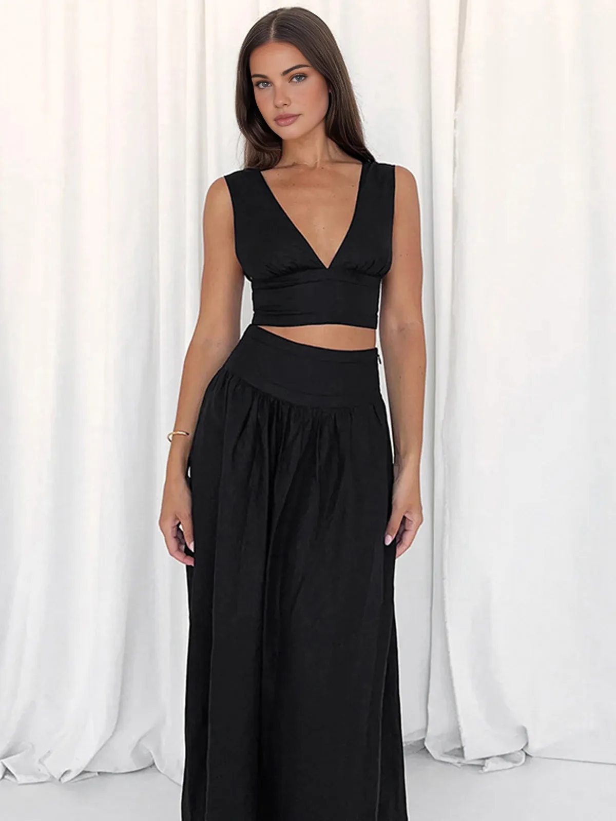 Solid Tie Knot V Neck Skirt Set sold by COMMENSE product image thumbnail 5