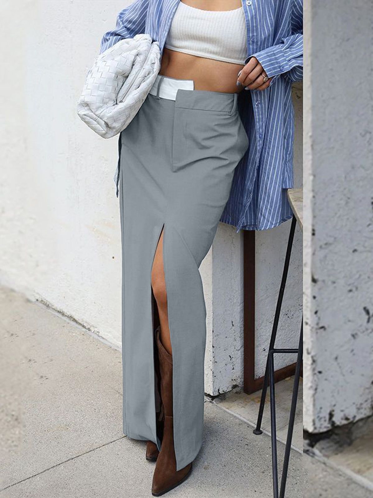 Asymmetrical Waistband Slit Maxi Skirt sold by COMMENSE