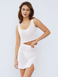 Cover Up Crochet Eyelet Two Piece Skirt Set sold by COMMENSE