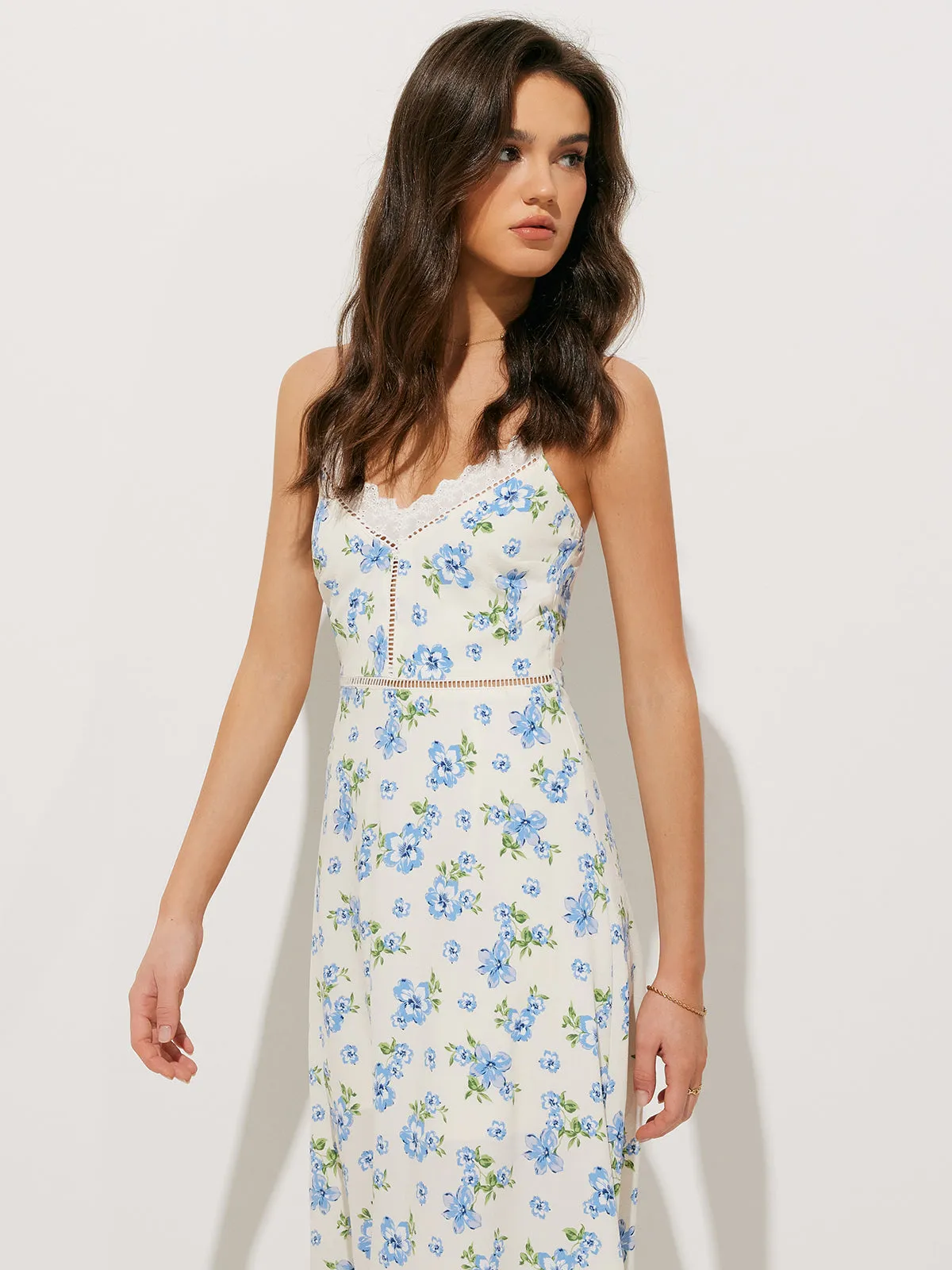 Chiffon Floral Print Lace Trim Long Dress sold by COMMENSE product image thumbnail 2