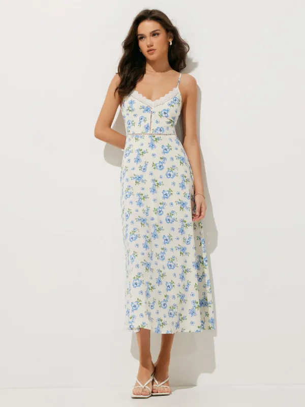 Chiffon Floral Print Lace Trim Long Dress sold by COMMENSE