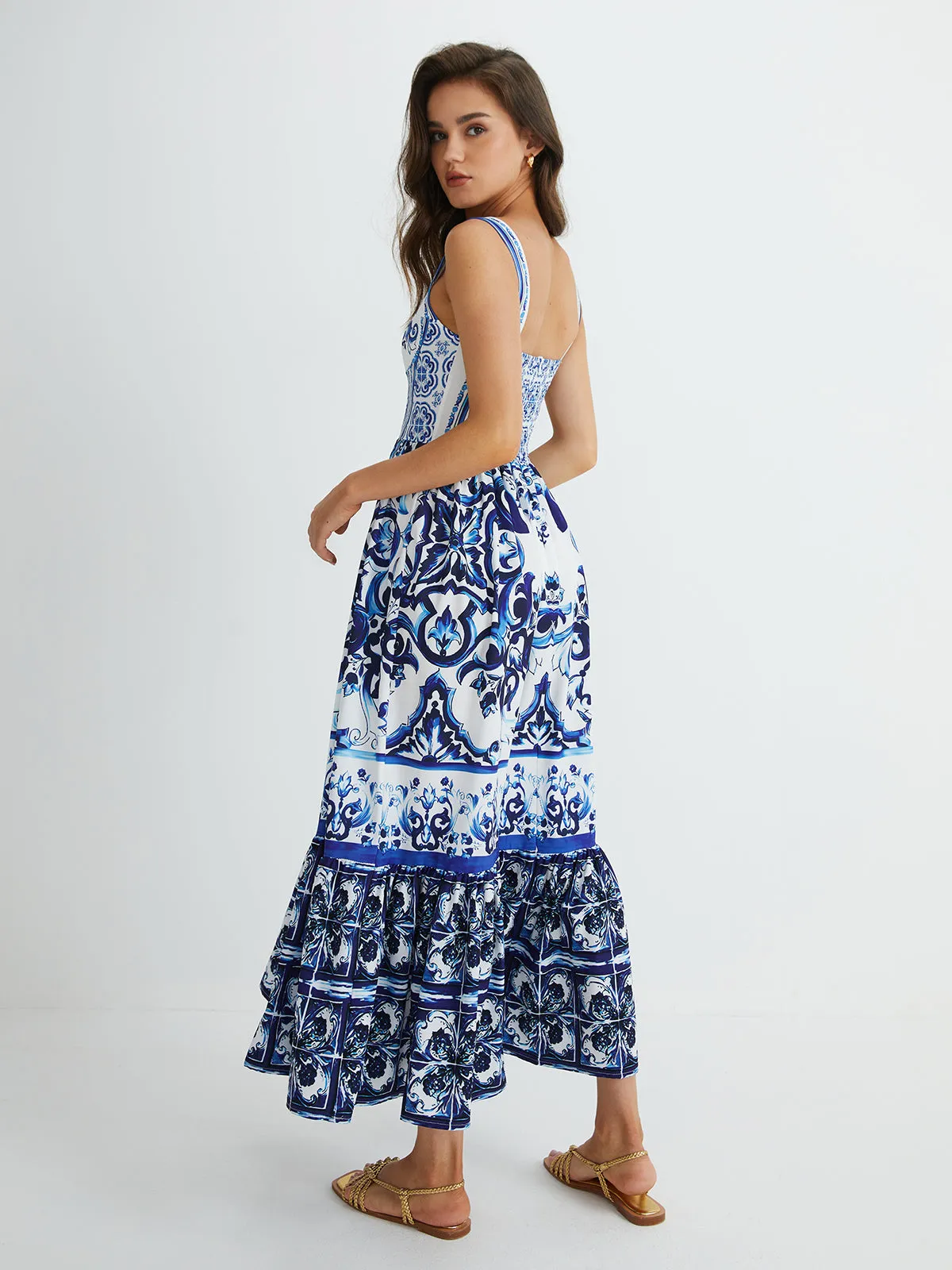 Print Strap Pleated Long Dress sold by COMMENSE product image thumbnail 4