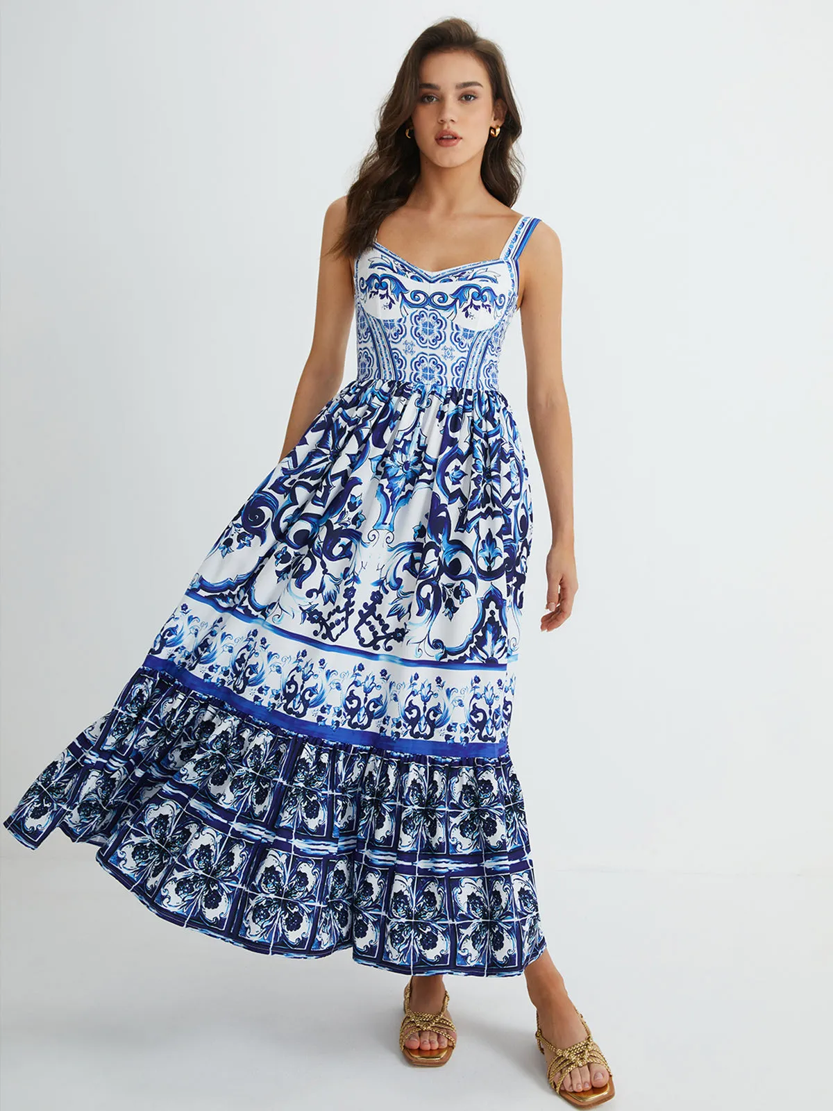 Print Strap Pleated Long Dress sold by COMMENSE