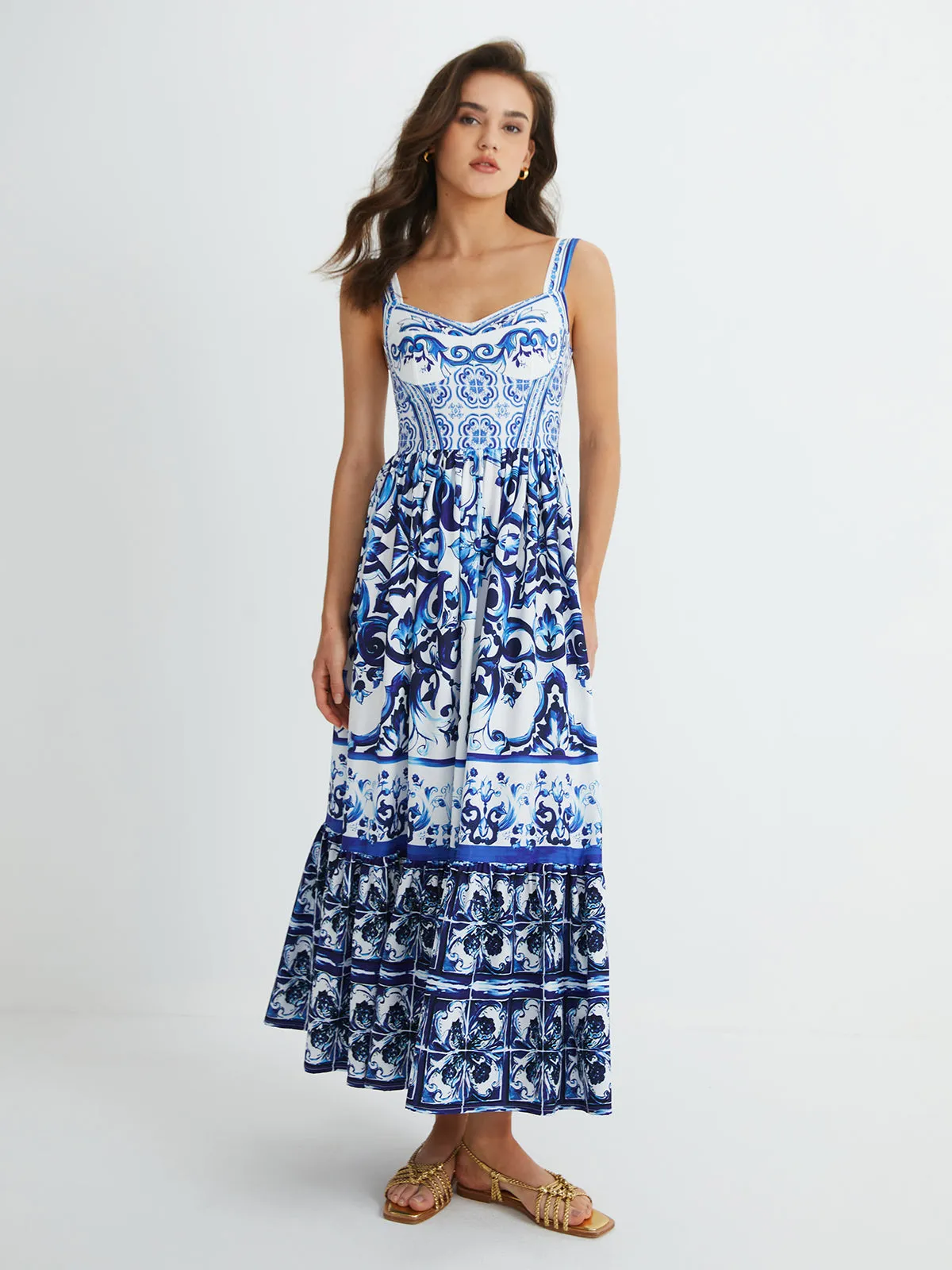 Print Strap Pleated Long Dress sold by COMMENSE product image thumbnail 3