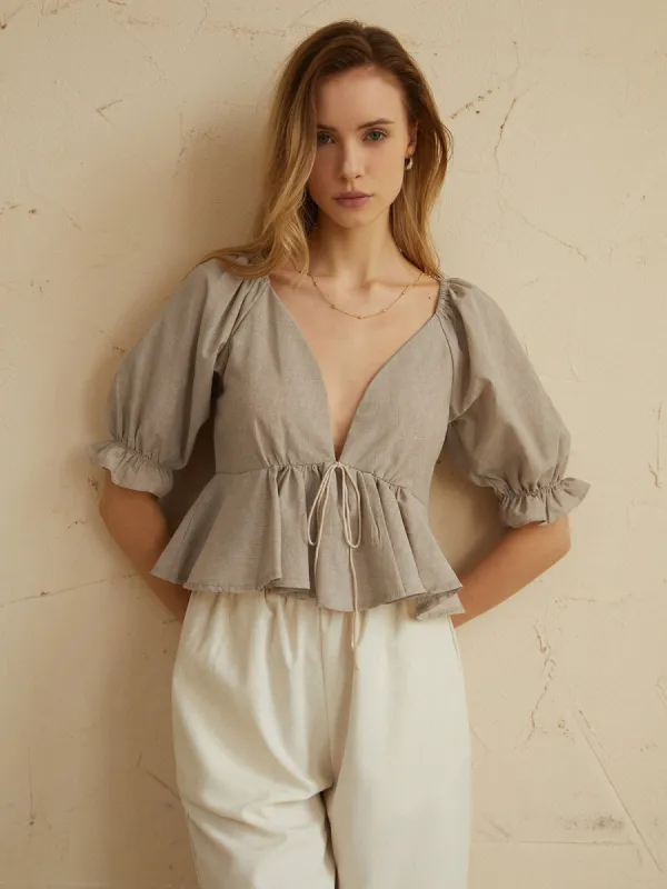 Cotton & Linen Backless Ruffle Knotted Blouse sold by COMMENSE