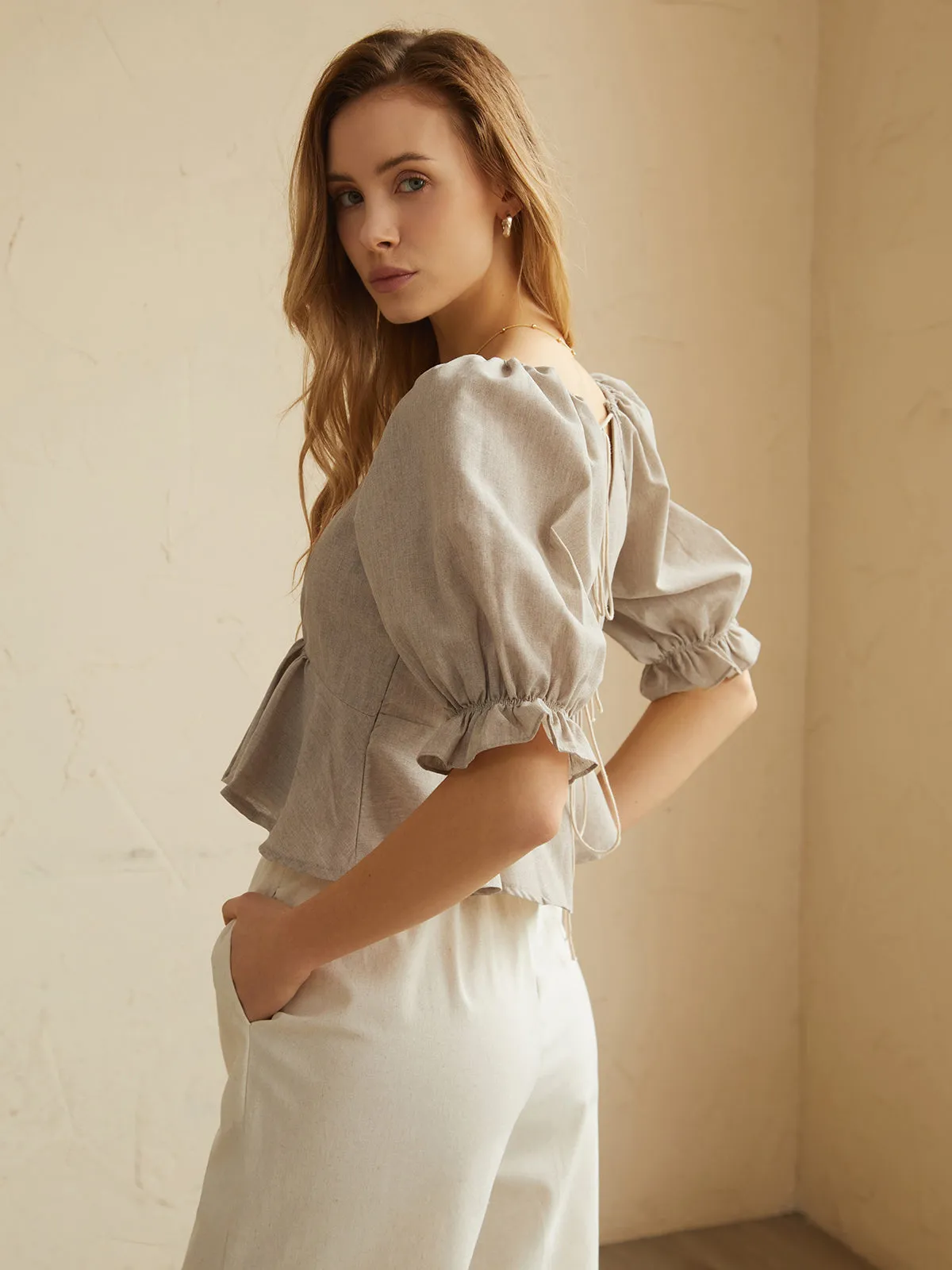 Cotton & Linen Backless Ruffle Knotted Blouse sold by COMMENSE product image thumbnail 5