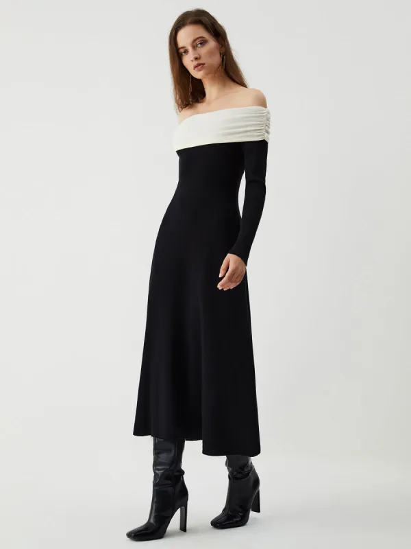 Patchwork Off Shoulder Long Sleeve Long Sweater Dress made by COMMENSE
