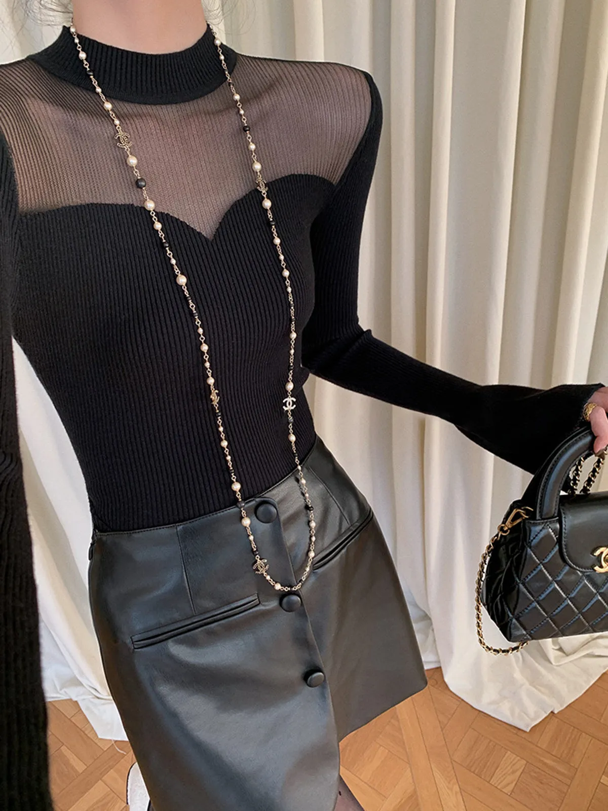 Solid Contrast Sheer Trumpet Cuff Mesh Top sold by COMMENSE product image thumbnail 4