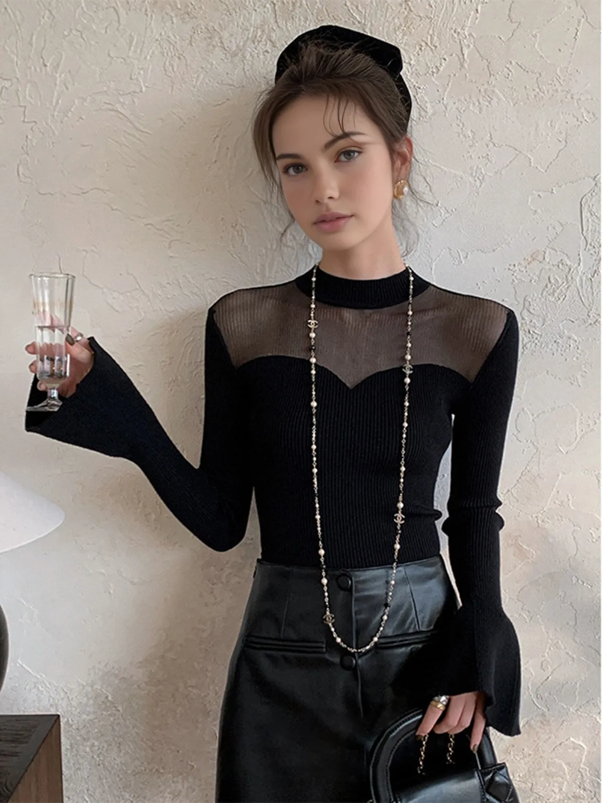 Solid Contrast Sheer Trumpet Cuff Mesh Top sold by COMMENSE