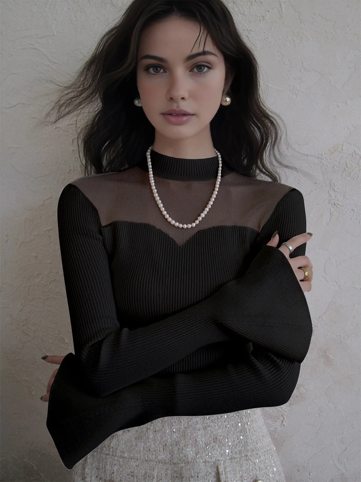 Solid Contrast Sheer Trumpet Cuff Mesh Top sold by COMMENSE product image thumbnail 5