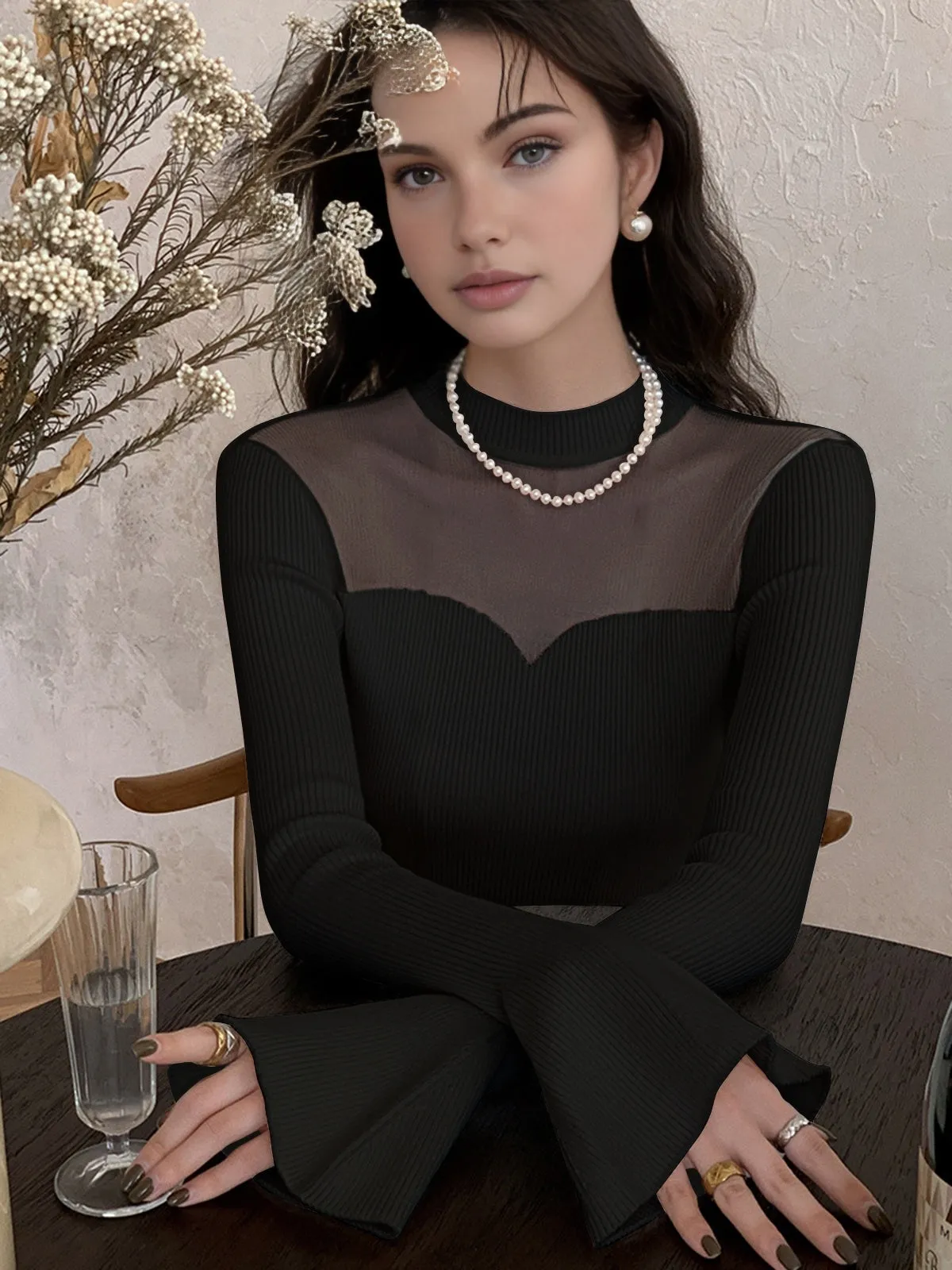 Solid Contrast Sheer Trumpet Cuff Mesh Top sold by COMMENSE product image thumbnail 2