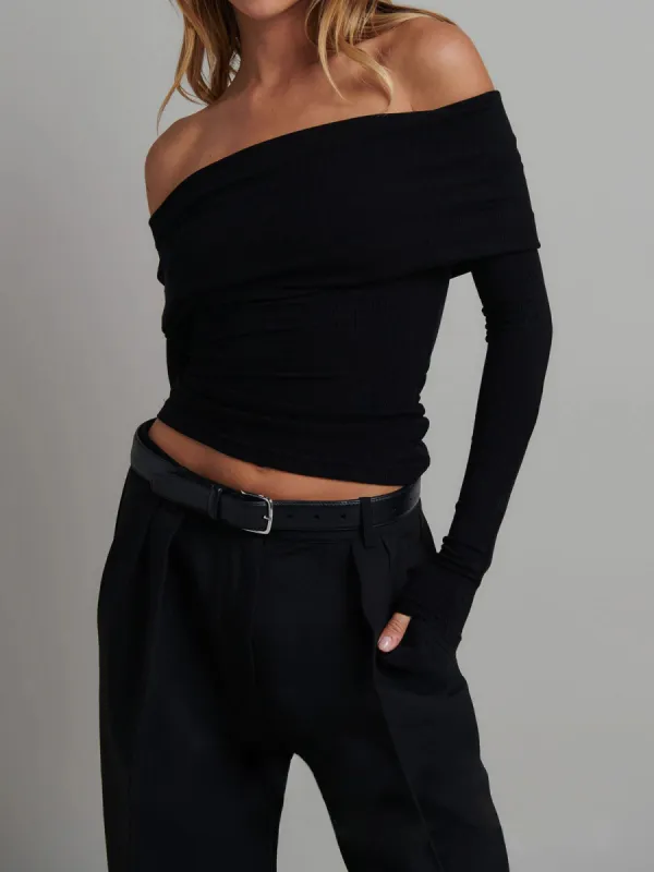 Off Shoulder Overfold Long Sleeve Crop Shirt sold by COMMENSE