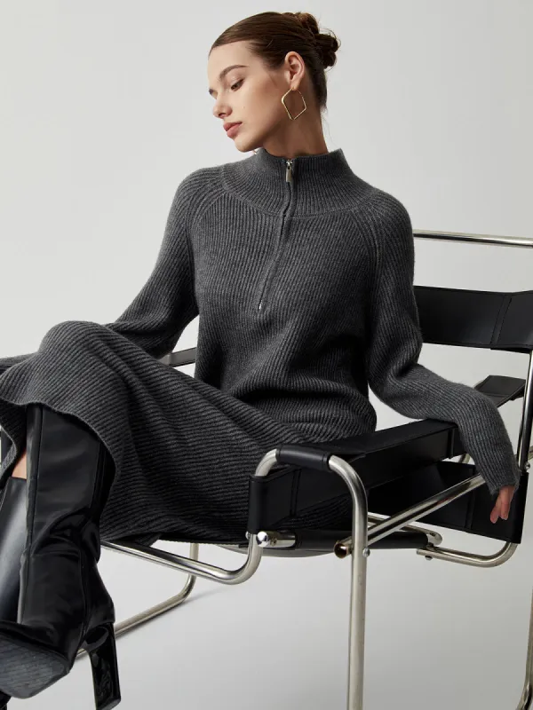 Half Zip Up Stand Collar Midi Sweater Dress sold by COMMENSE