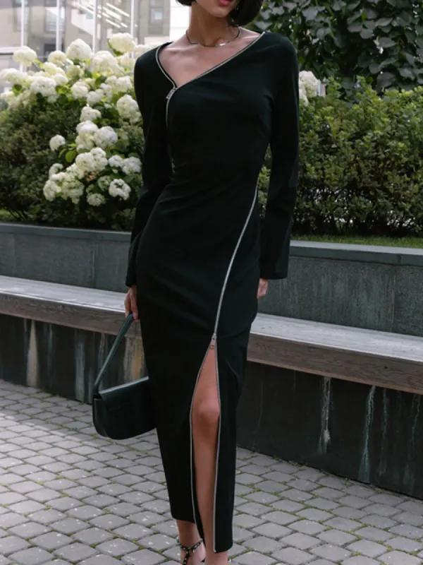 Asymmetrical Neck Zippered Split Long Sleeve Midi Dress sold by COMMENSE