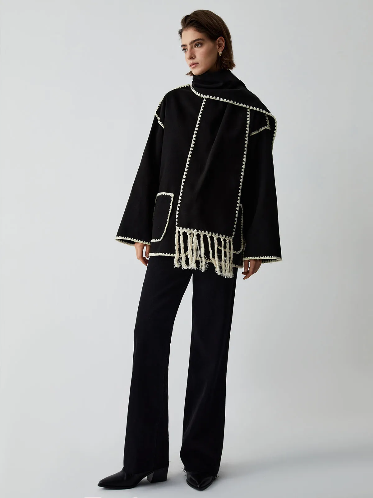 Contrast Trim Jacket With Matching Scarf sold by COMMENSE product image thumbnail 5