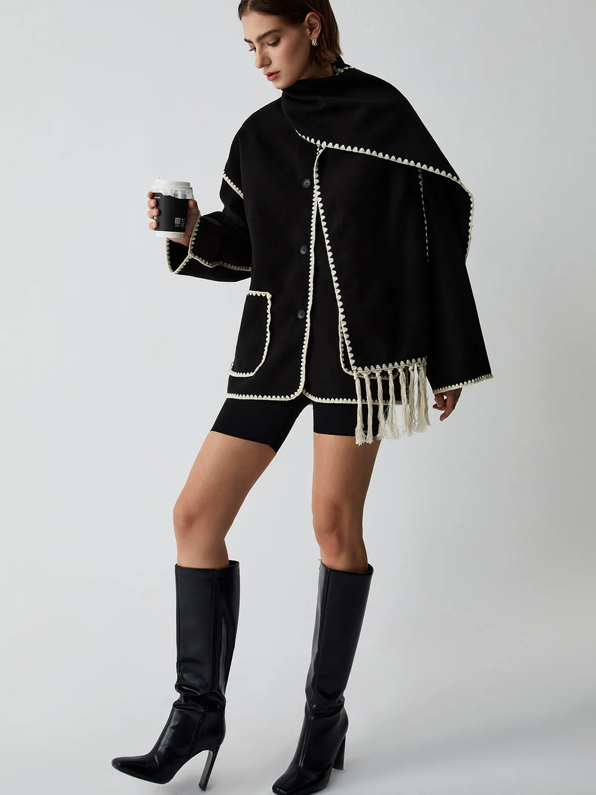 Contrast Trim Jacket With Matching Scarf sold by COMMENSE product image thumbnail 2