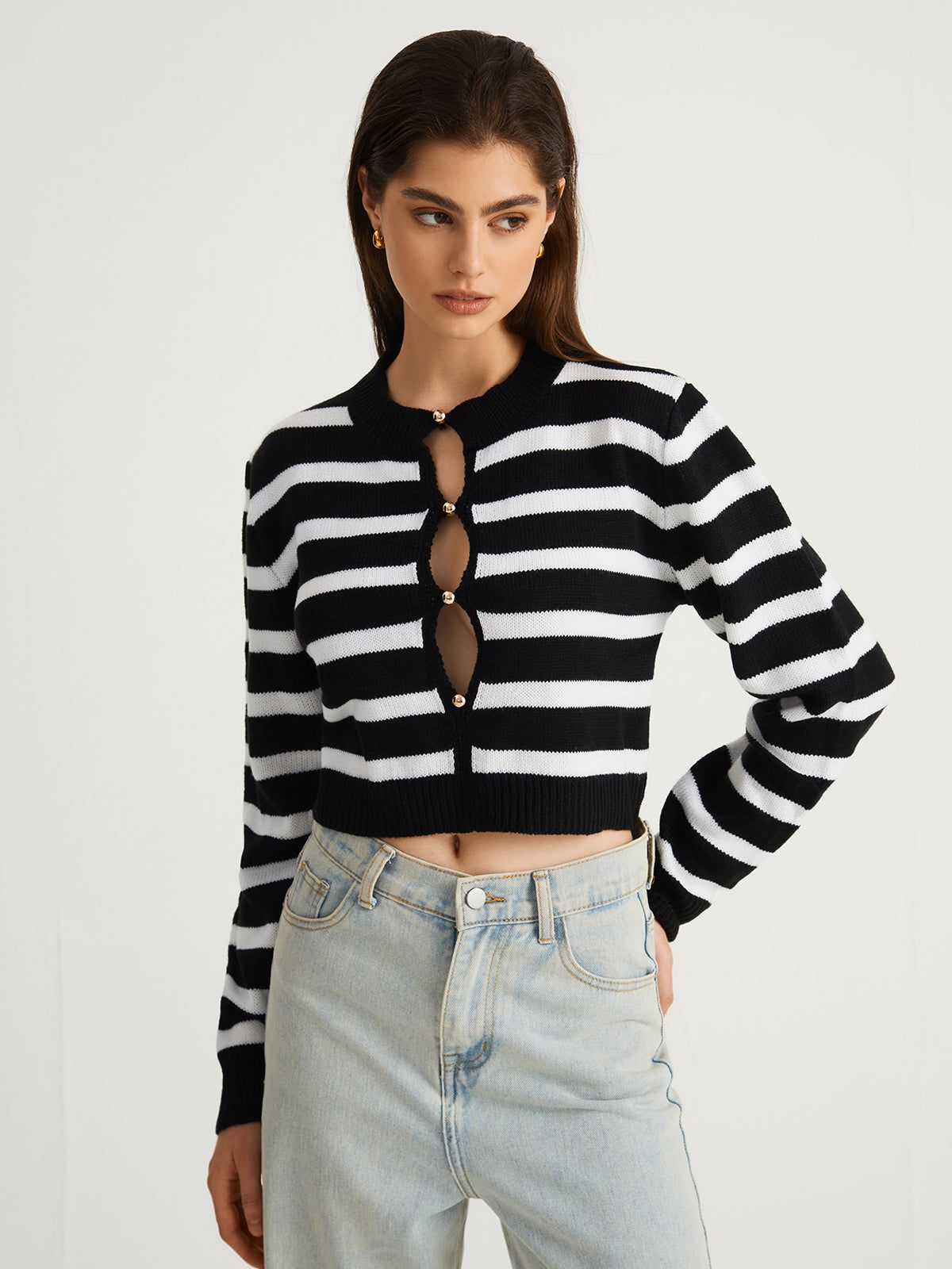 Timeless Stripe Keyhole Crop Sweater sold by COMMENSE product image thumbnail 4
