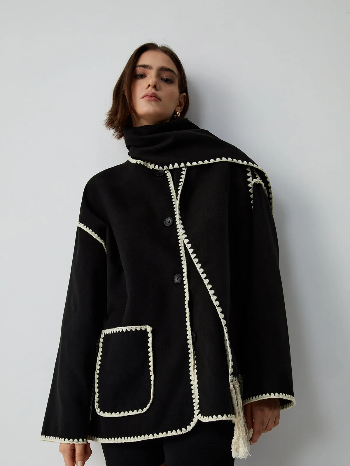 Contrast Trim Jacket With Matching Scarf sold by COMMENSE product image thumbnail 3